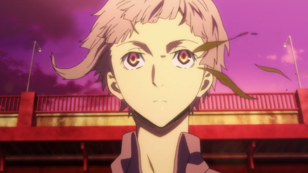 Tóc của Atsushi bay trong gió và có lá cây trước mặt trong Bungo Stray Dogs