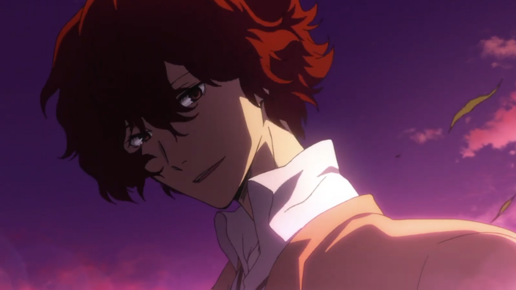 Dazai đẹp trai dưới bầu trời tím tối và tóc của anh bay trong anime Bungo Stray Dogs