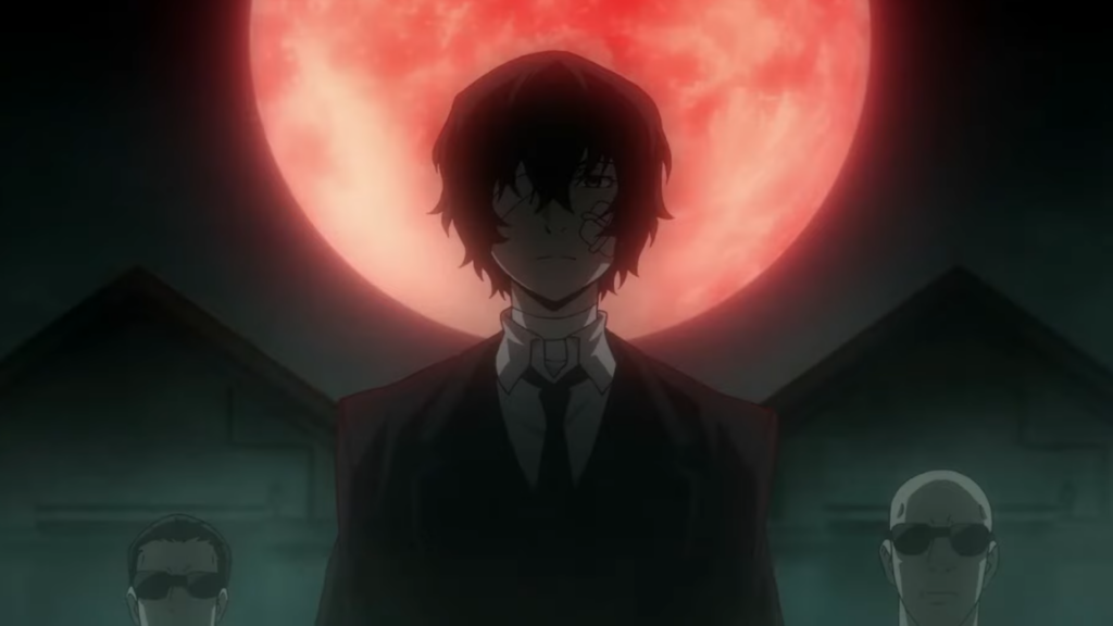 Dazai đứng dưới ánh trăng đỏ trong Bungo Stray Dogs