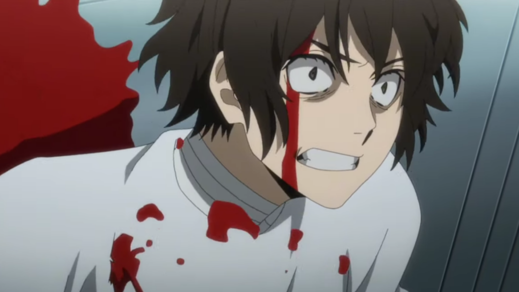 Dazai có máu bắn trên mặt và trông hoảng loạn trong anime Bungo Stray Dogs
